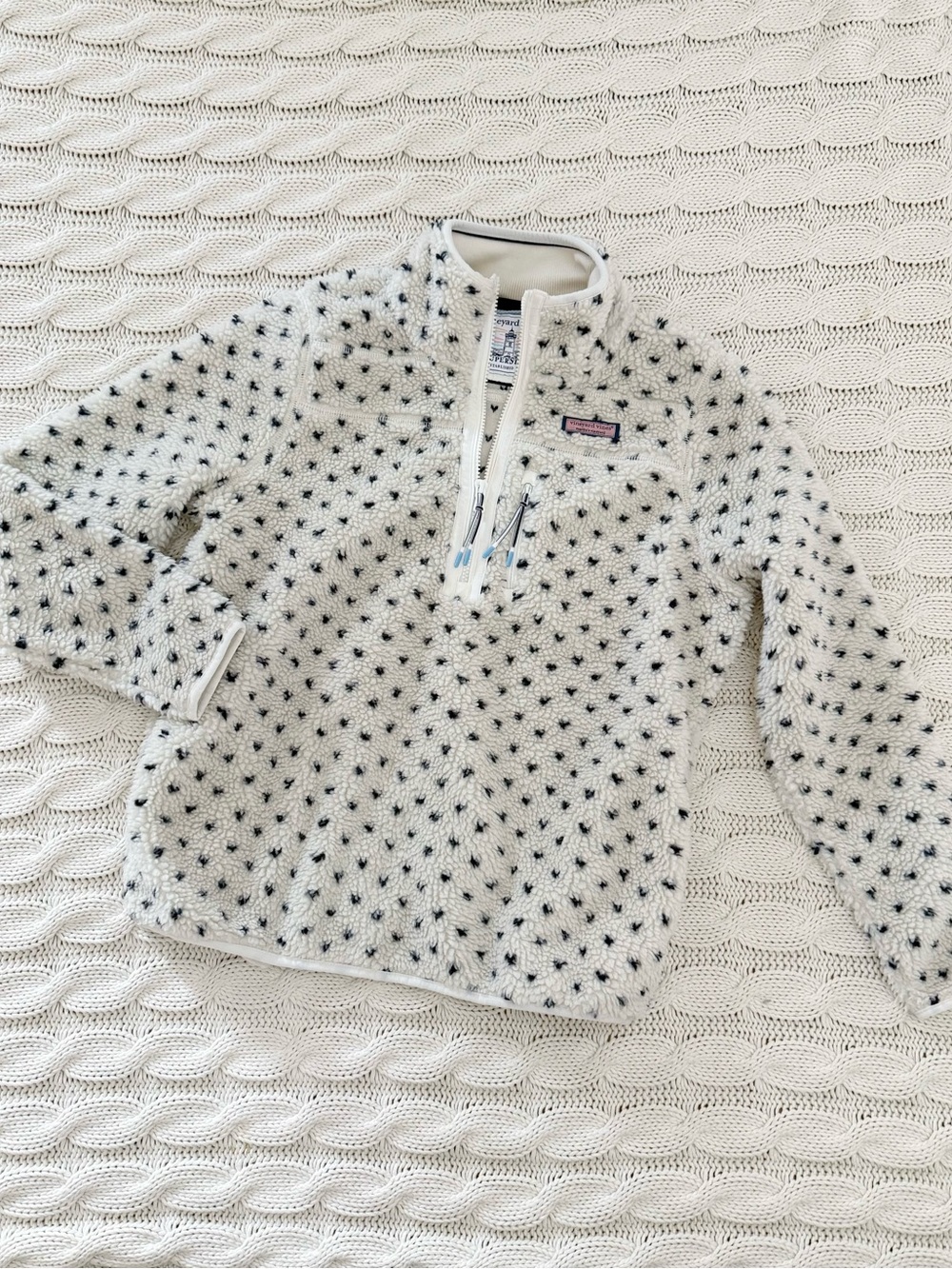Vineyard Vines Kids Cream Sherpa Pullover with Navy Dot Print